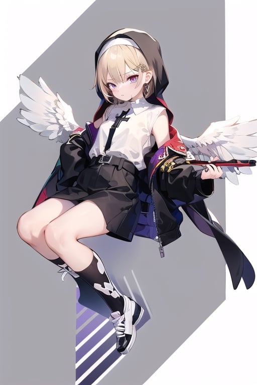 Little angel with 8 pairs of white wings, golden blonde hair with white tips and big bright violet eyes. Black jacket with white cross motifs, traditionally worn by Catholic nuns attached to a cross. He also wears a white hood with a metal headband. Black shirt with white hem that covers the neck. Cross motifs are also seen on the shirt. He appears to have the androgynous symbol without a couple of details on his hat. She also wears shoes that complement the colors of her outfit.