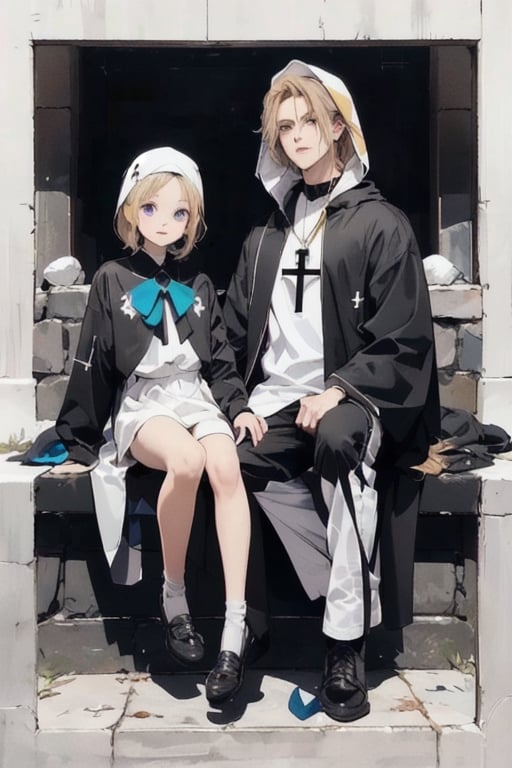 Little angel with golden blonde hair and big purple eyes. Black jacket with white cross motifs, traditionally worn by Catholic nuns tied with a bow. He also wears a white hood with a metal headband. Black shirt with white hem that covers the neck. Cross motifs are also seen on the shirt. He appears to have the androgynous symbol without a couple of details on his hat. She also wears shoes that complement the colors of her outfit.