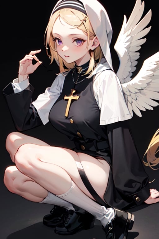 Little angel with big white wings with gold details, golden blonde hair and big purple eyes. Black jacket with white cross motifs, traditionally worn by Catholic nuns attached to a cross. He also wears a white hood with a metal headband. Black shirt with white hem that covers the neck. Cross motifs are also seen on the shirt. He appears to have the androgynous symbol without a couple of details on his hat. She also wears shoes that complement the colors of her outfit.