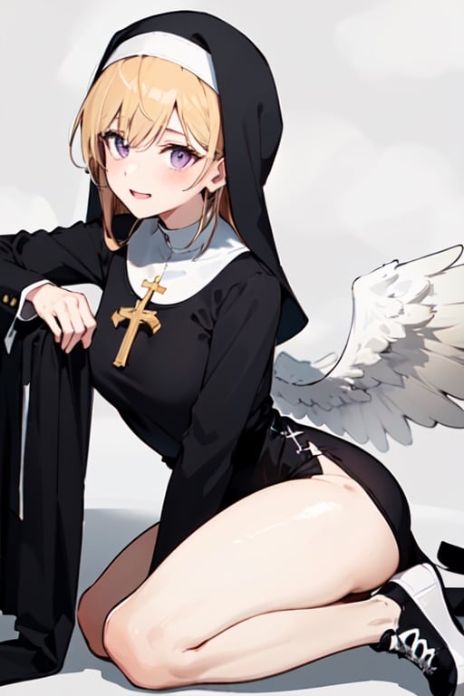 Little angel with big white wings with gold details, golden blonde hair and big purple eyes. Black jacket with white cross motifs, traditionally worn by Catholic nuns attached to a cross. He also wears a white hood with a metal headband. Black shirt with white hem that covers the neck. Cross motifs are also seen on the shirt. He appears to have the androgynous symbol without a couple of details on his hat. She also wears shoes that complement the colors of her outfit.