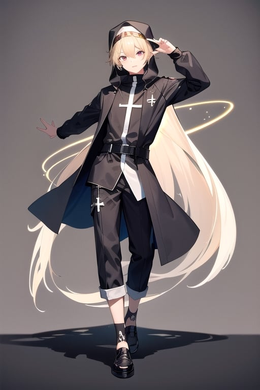 Little angel with white wing and one black wing, golden blonde hair with white tips and big bright violet eyes. Black jacket with white cross motifs, traditionally worn by Catholic nuns attached to a cross. He also wears a white hood with a metal headband. Black shirt with white hem that covers the neck. Cross motifs are also seen on the shirt. He appears to have the androgynous symbol without a couple of details on his hat. She also wears shoes that complement the colors of her outfit.