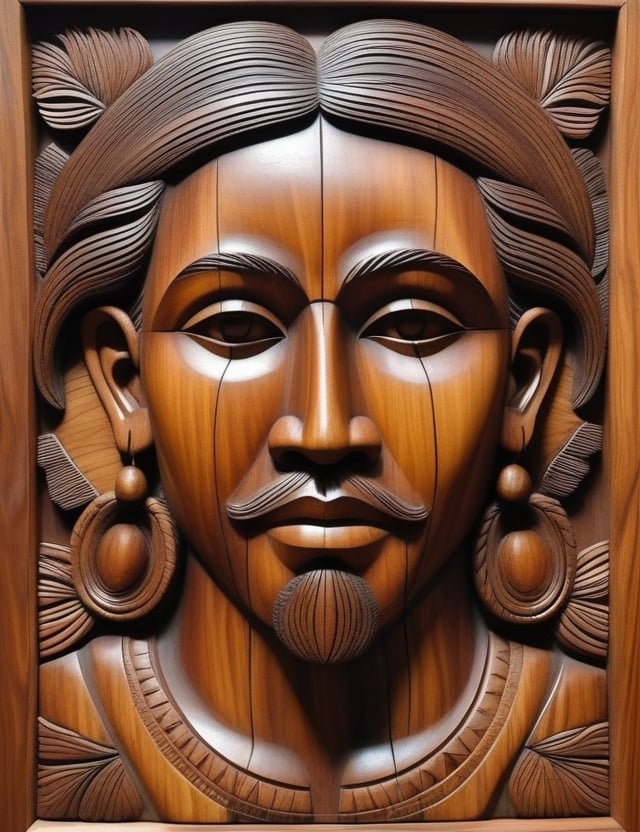 Create a captivating wood artwork on a panel portraying a young 45-year-old man of Araguaian descent with tightly curled hair, with a close-up of his face. Intricately craft details using the wood medium, drawing inspiration from wood sculptures by Araguaian indigenous artists, wood carvings inspired by Araguaian culture, and contemporary art utilizing wood as a medium. Craft a superior wood artwork that not only captures the essence of the man's youth and heritage but also showcases the unique artistic traditions of the Araguaian people.

