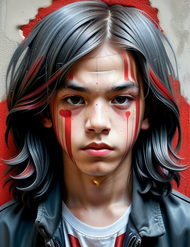  A graphite art style on a wall of a 13-year-old French boy with long, straight hair with red streaks, close-up of his face, front view. (((intricate details))), (((best quality))), (((extreme detail quality))), (((complex composition))), in the style of David Choe, Dan Witz, Vhils.