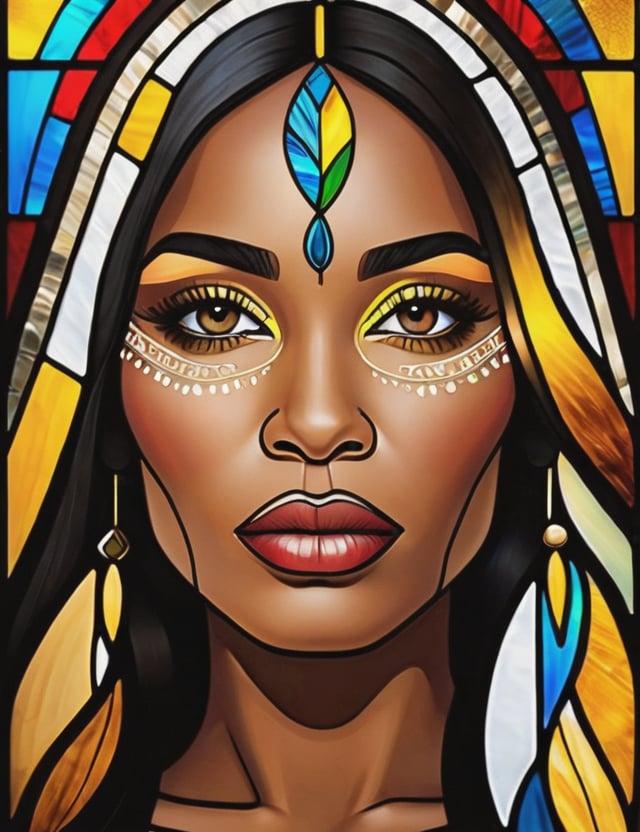 Create a stunning stained glass artwork depicting a beautiful Brazilian woman around 35 years old, with straight, black Indigenous hair. The focus should be a close-up of her face from a frontal view. Use the translucence and variety of colors in the glass to capture the beauty of her features, emphasizing the texture of her skin and the shine of her hair. The artwork should convey a sense of elegance and cultural richness, highlighting the uniqueness of her expression through the interplay of light and color.





