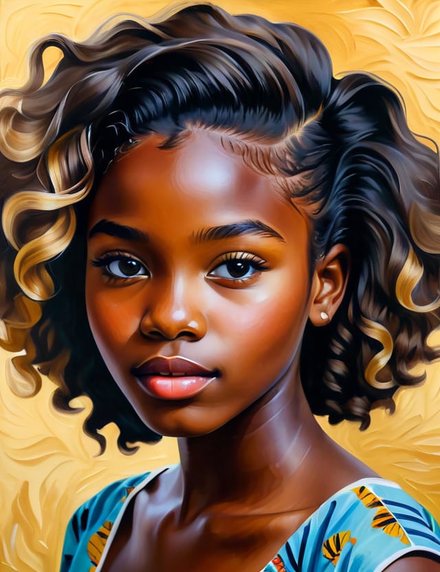 Create a beautiful gouache artwork depicting a 15-year-old African girl with dark skin and short, wavy blonde hair. The focus should be a close-up of her face from a frontal view. Use the softness and richness of gouache colors to capture the beauty of her features, highlighting the texture of her skin and the brightness of her hair. The artwork should convey a sense of freshness and vitality, showcasing the youthful beauty of her expression.