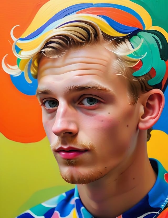 A gouache art style on a wall of a 23-year-old Dutch man with fair skin and short, tightly curled blonde hair, vibrant colors, warm colors, neon colors, close-up of his face, front view. (((intricate details))), (((best quality))), (((extreme detail quality))), (((complex composition))), in the style of Henri Matisse, David Hockney, Keith Haring.