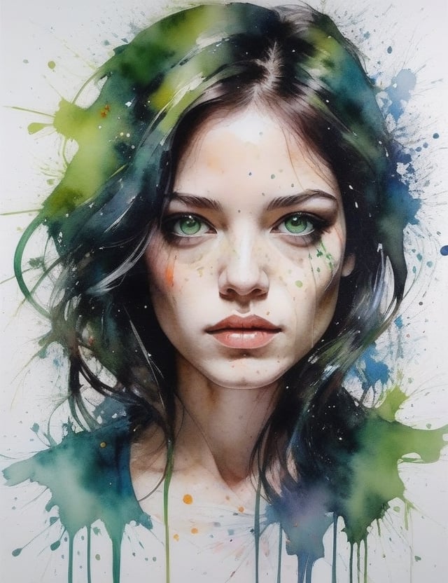 Create a captivating watercolor portrait with splatter effects on canvas featuring a 30-year-old Argentine woman. Emphasize her fair skin, vivid green eyes, and tightly curled hair in a close-up of her face. Achieve high-quality rendering with extreme attention to detail, drawing inspiration from the styles of Agnes Cecile, David Choe, and Jackson Pollock's splatter technique.

