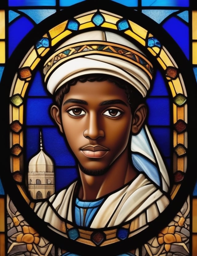 Create a captivating stained glass artwork portraying a 15-year-old young man of Arab descent with dark skin and short, tightly curled hair, with a close-up of his face. Intricately capture details using the stained glass medium, drawing inspiration from medieval European stained glass, the stained glass of the Mosque of Córdoba, and Islamic architecture with influences of Moorish art. Craft a superior stained glass artwork that evokes the richness and intricacy of ancient stained glass windows while portraying the youth with authenticity and depth.

