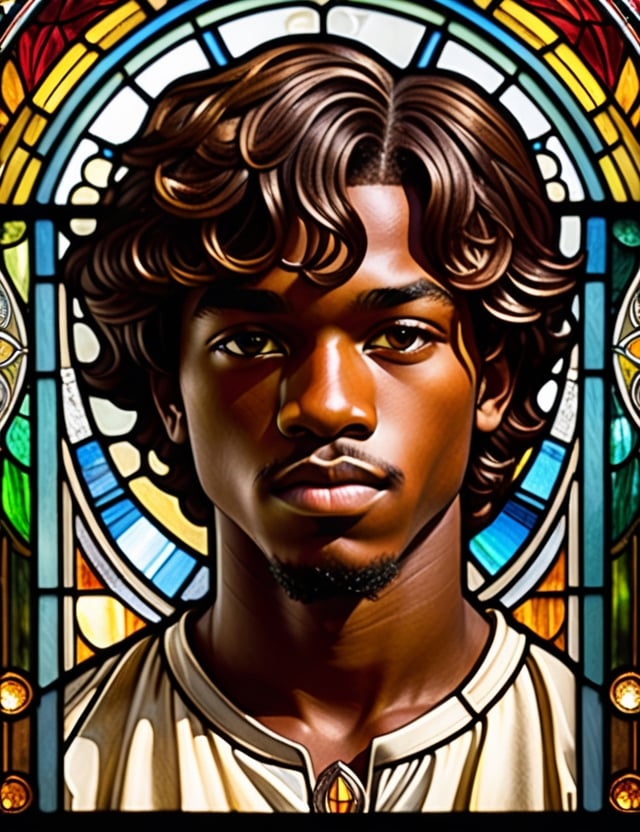 Create a captivating stained glass artwork portraying a 15-year-old young man of African-American descent with dark skin, full lips, and short, tightly curled hair, with a close-up of his face. Intricately capture details using the stained glass medium, drawing inspiration from the stained glass art of Tiffany Studios, the stained glass windows of Louis Comfort Tiffany, and the stained glass technique of Japonisme. Craft a superior stained glass artwork that seamlessly blends these influences into an outstanding portrayal.

