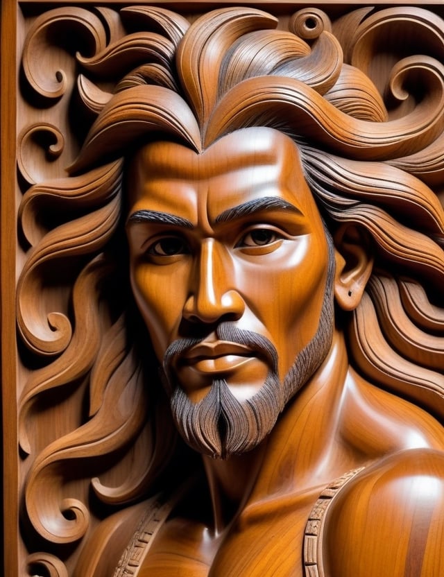 Create a captivating wood artwork on a panel portraying a young 45-year-old man of Araguaian descent with tightly curled hair, with a close-up of his face. Intricately craft details using the wood medium, drawing inspiration from wood sculptures by Araguaian indigenous artists, wood carvings inspired by Araguaian culture, and contemporary art utilizing wood as a medium. Craft a superior wood artwork that not only captures the essence of the man's youth and heritage but also showcases the unique artistic traditions of the Araguaian people.

