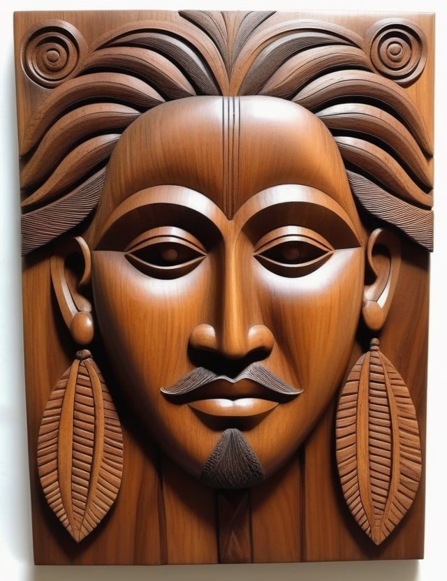 Create a captivating wood artwork on a panel portraying a young 45-year-old man of Araguaian descent with tightly curled hair, with a close-up of his face. Intricately craft details using the wood medium, drawing inspiration from wood sculptures by Araguaian indigenous artists, wood carvings inspired by Araguaian culture, and contemporary art utilizing wood as a medium. Craft a superior wood artwork that not only captures the essence of the man's youth and heritage but also showcases the unique artistic traditions of the Araguaian people.

