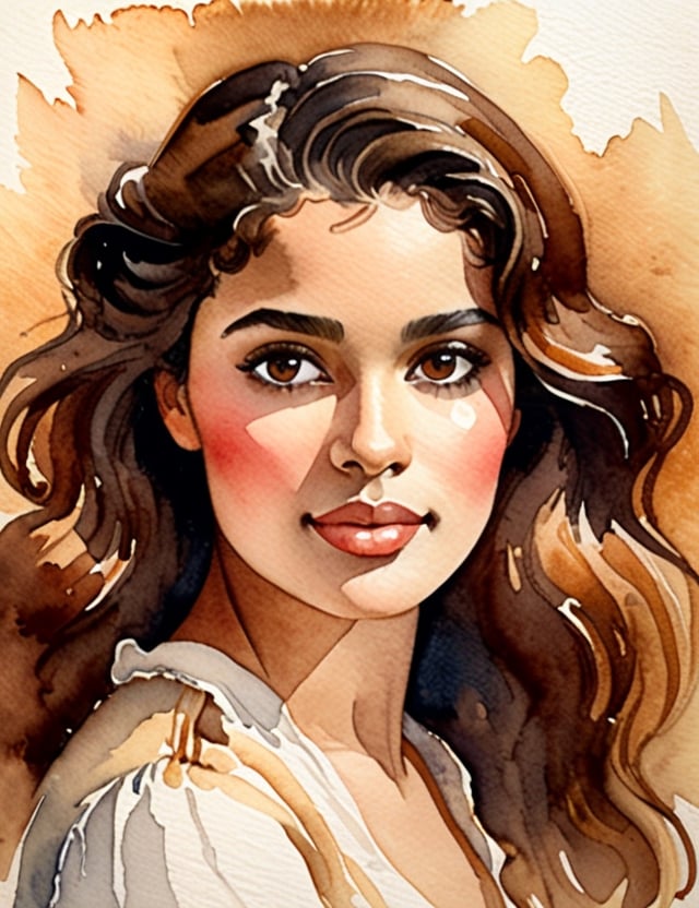 Create a timeless watercolor portrait reminiscent of classical techniques, featuring a 20-year-old Brazilian woman. Capture the intricate details of her caramel skin, light brown eyes, and voluminous, wavy hair in a close-up of her face. Emulate a superior quality akin to the works of Agnes Goodsir, John Singer Sargent, and the classical watercolor technique of William Turner.

