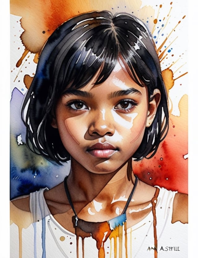 Create a captivating watercolor artwork portraying a 14-year-old girl from the Amazon region with caramel skin, short straight black hair, with a close-up of her face. Intricately capture details using the watercolor medium, drawing inspiration from the watercolor works of Agnes Cecile, the watercolor paintings of Anna Armona, and the watercolor technique of Tilen Ti. Craft a superior watercolor artwork that seamlessly blends these influences into an outstanding portrayal.

