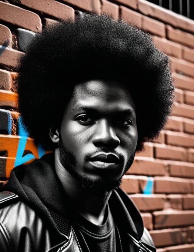 Create a black-and-white graffiti artwork on a brick wall, depicting a 30-year-old Nigerian man with dark skin and black afro hair. The focus should be a close-up of his face from a frontal view. Use the contrast between black and white to capture the details of his facial features and the texture of his hair. The piece should convey a sense of strength and depth, highlighting the expression and intensity of his presence through the bold lines and shadows of the graffiti.