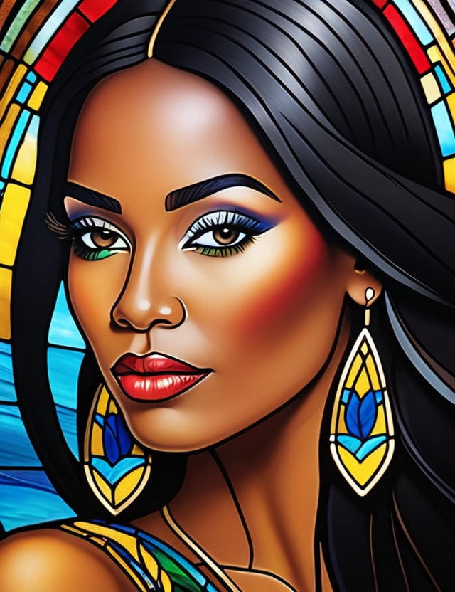 Create a stunning stained glass artwork depicting a beautiful Brazilian woman around 35 years old, with straight, black Indigenous hair. The focus should be a close-up of her face from a frontal view. Use the translucence and variety of colors in the glass to capture the beauty of her features, emphasizing the texture of her skin and the shine of her hair. The artwork should convey a sense of elegance and cultural richness, highlighting the uniqueness of her expression through the interplay of light and color.





