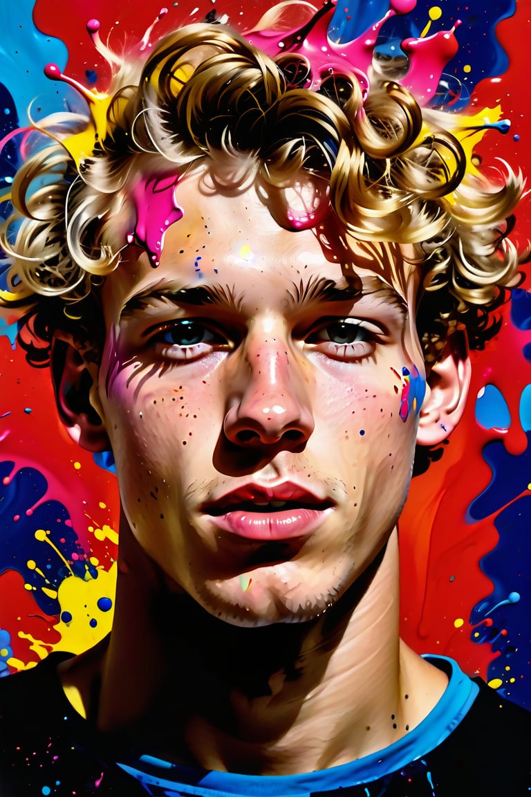  A close-up portrait of a 23-year-old Dutch man with caramel skin and very short, curly blonde hair, front view, in splash art style with an explosion of colors, using vibrant hues like neon pink, electric blue, and bright yellow with dynamic, splattered textures. Artists: Jackson Pollock, Sam Francis, Helen Frankenthaler.