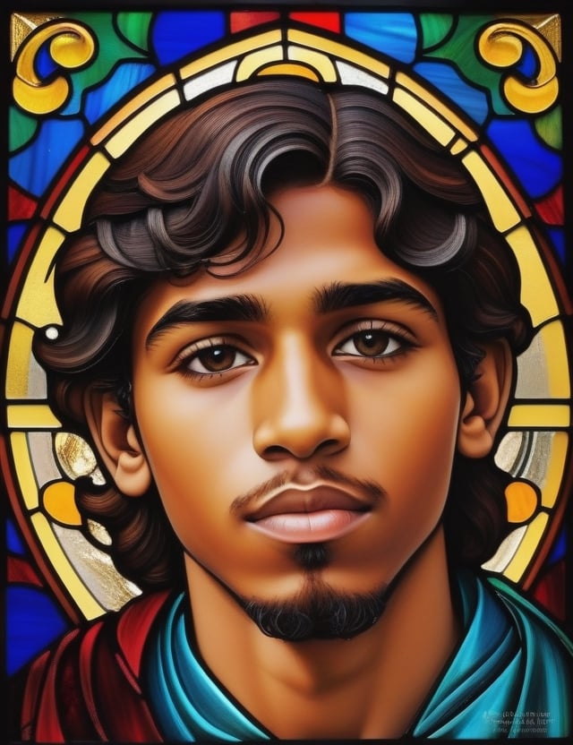 Create a captivating stained glass artwork portraying a 15-year-old young man of Arab descent with dark skin and short, tightly curled hair, with a close-up of his face. Intricately capture details using the stained glass medium, drawing inspiration from medieval European stained glass, the stained glass of the Mosque of Córdoba, and Islamic architecture with influences of Moorish art. Craft a superior stained glass artwork that evokes the richness and intricacy of ancient stained glass windows while portraying the youth with authenticity and depth.

