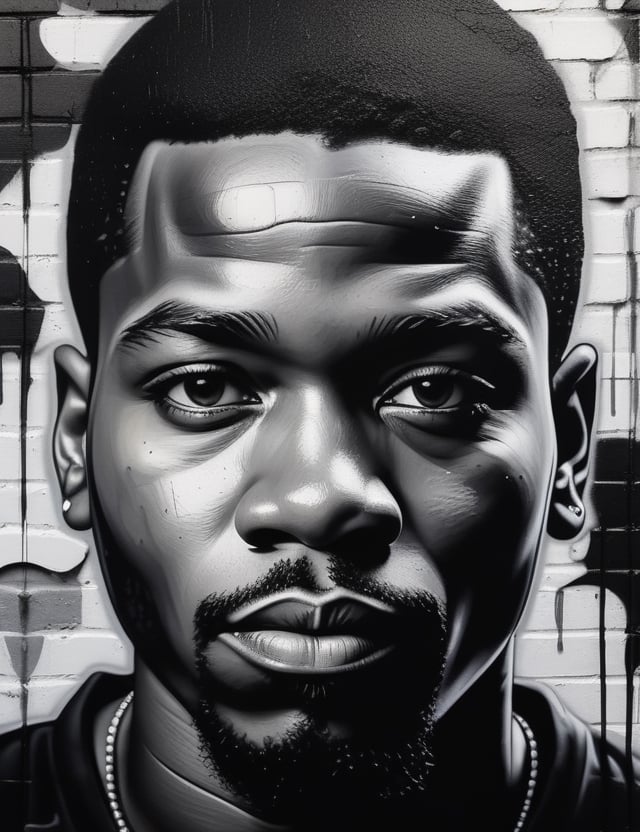 Create a striking black and white wall graffiti-style artwork featuring a 35-year-old African man. Emphasize his dark black skin tone and short, tightly curled hair in a close-up of his face. Infuse the expressive details reminiscent of Banksy's impactful graffiti techniques, ensuring superior quality and extreme attention to facial features. Capture the vibrant portraiture seen in Eduardo Kobra's artworks for a unique blend of urban artistry and emotion. Draw inspiration from the urban realism of Vhils to deliver a compelling and detailed artistic representation in the graffiti wall style.

