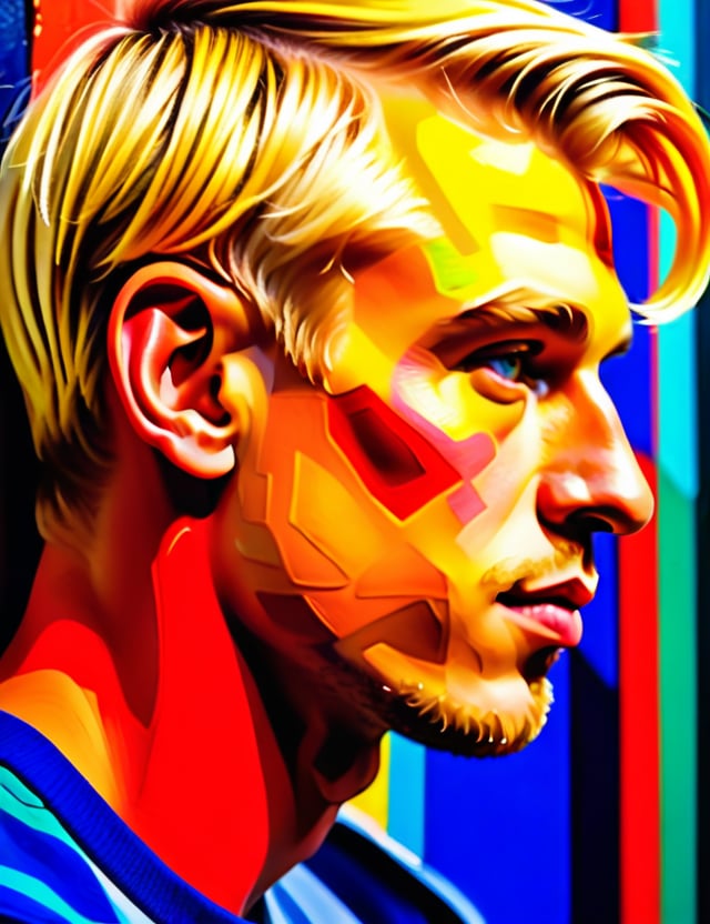 A gouache art style on a wall of a 23-year-old Dutch man with fair skin and short, tightly curled blonde hair, vibrant colors, warm colors, neon colors, close-up of his face, front view. (((intricate details))), (((best quality))), (((extreme detail quality))), (((complex composition))), in the style of Henri Matisse, David Hockney, Keith Haring.