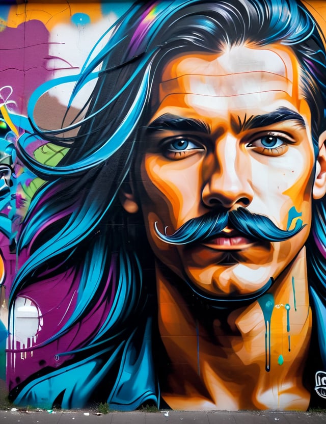 Create an impressive graffiti artwork on a wall, using vibrant colors, depicting a 25-year-old Finnish man with long hair and a thin mustache on his face. The focus should be a close-up of his face from a frontal view. Use the dynamism and expressiveness of graffiti to capture the details of his features, emphasizing the texture of his hair and the definition of his mustache. The artwork should convey a sense of modernity and creativity, reflecting the uniqueness of his expression.






