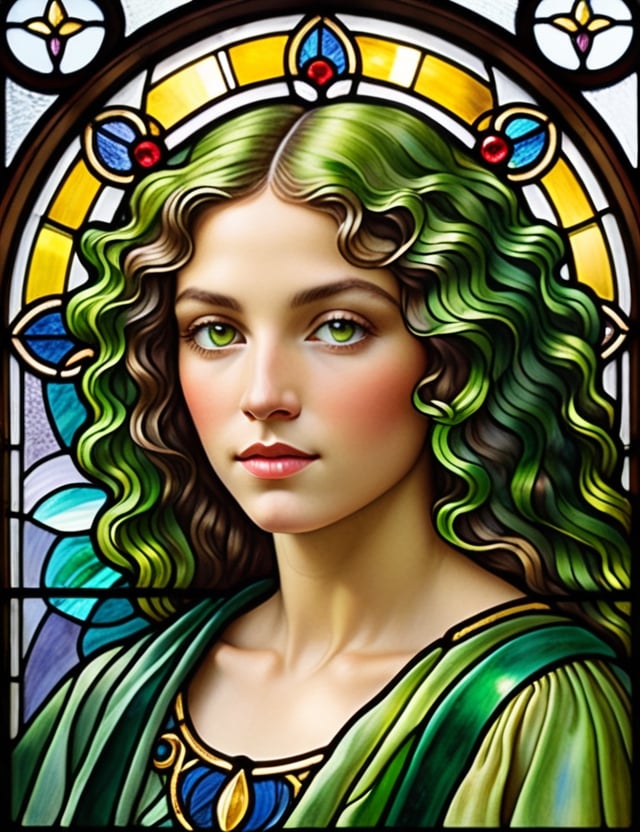 Design an exquisite stained glass window featuring a young Paraguayan woman in her mid-20s. Portray her fair skin and loose, green-highlighted curly hair in a close-up of her face. Ensure superior quality and intricate details akin to the works of stained glass masters Louis Comfort Tiffany, Judith Schaechter, and Sarah Hall.

