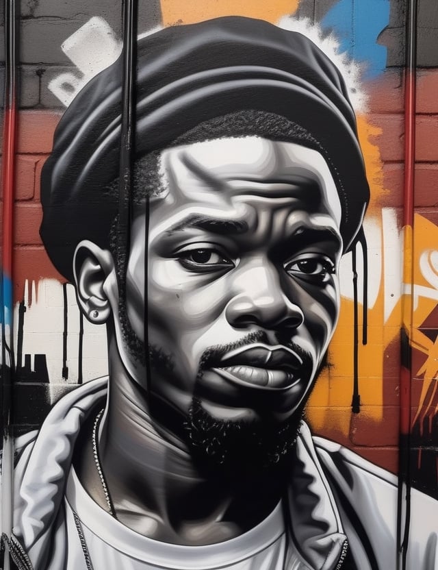 Create a striking black and white wall graffiti-style artwork featuring a 35-year-old African man. Emphasize his dark black skin tone and short, tightly curled hair in a close-up of his face. Infuse the expressive details reminiscent of Banksy's impactful graffiti techniques, ensuring superior quality and extreme attention to facial features. Capture the vibrant portraiture seen in Eduardo Kobra's artworks for a unique blend of urban artistry and emotion. Draw inspiration from the urban realism of Vhils to deliver a compelling and detailed artistic representation in the graffiti wall style.

