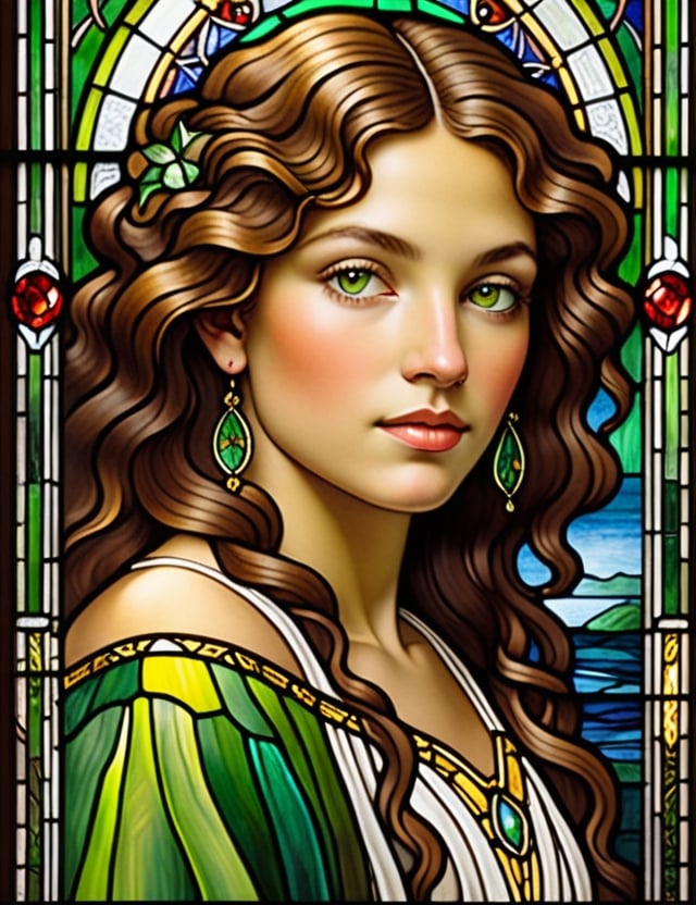 Design an exquisite stained glass window featuring a young Paraguayan woman in her mid-20s. Portray her fair skin and loose, green-highlighted curly hair in a close-up of her face. Ensure superior quality and intricate details akin to the works of stained glass masters Louis Comfort Tiffany, Judith Schaechter, and Sarah Hall.

