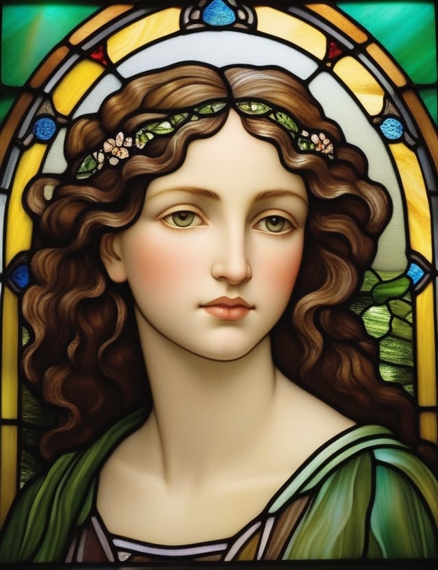 Design an exquisite stained glass window featuring a young Paraguayan woman in her mid-20s. Portray her fair skin and loose, green-highlighted curly hair in a close-up of her face. Ensure superior quality and intricate details akin to the works of stained glass masters Louis Comfort Tiffany, Judith Schaechter, and Sarah Hall.

