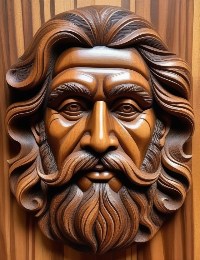 Create a captivating wood carving artwork portraying a mature 40-year-old man of Brazilian descent with long, curly hair, with a close-up of his face. Intricately carve details using the wood medium, drawing inspiration from the wood sculptures of Aleijadinho, the wood carvings of Mestre Valentim, and contemporary Brazilian wood art. Craft a superior wood carving artwork that captures the essence of the man's maturity and heritage, while showcasing the beauty and craftsmanship of wood as a medium.

