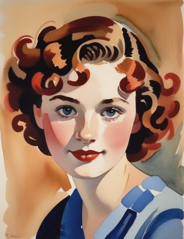  A close-up portrait of a beautiful 15-year-old German girl with fair skin and short, curly hair with red streaks, front view, in gouache style, using a vibrant palette of rich earth tones, deep blues, and warm reds with smooth, creamy textures. Artists: Mary Blair, John Singer Sargent, Henri Matisse.