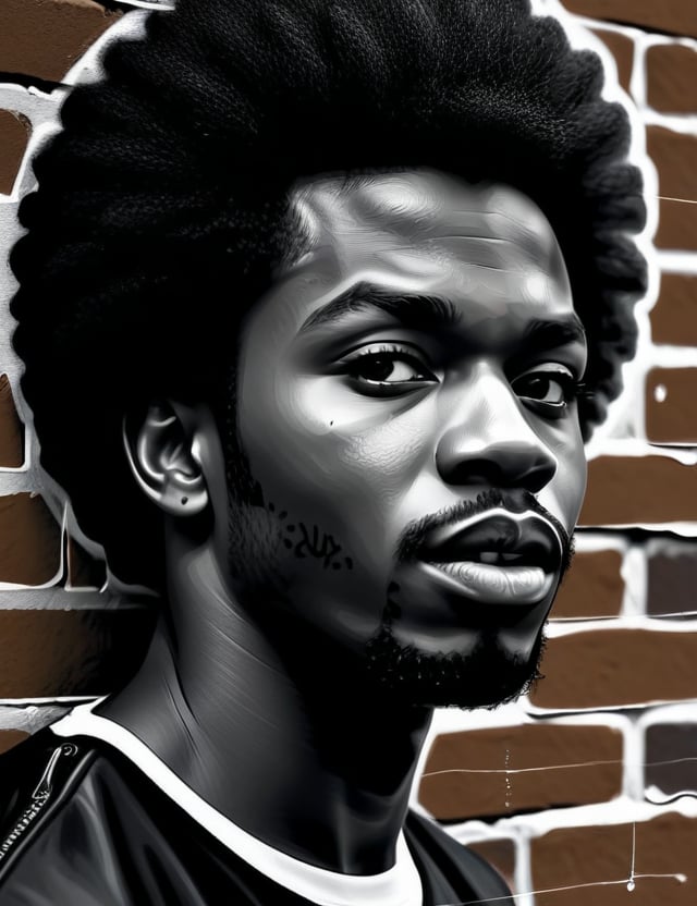 Create a black-and-white graffiti artwork on a brick wall, depicting a 30-year-old Nigerian man with dark skin and black afro hair. The focus should be a close-up of his face from a frontal view. Use the contrast between black and white to capture the details of his facial features and the texture of his hair. The piece should convey a sense of strength and depth, highlighting the expression and intensity of his presence through the bold lines and shadows of the graffiti.