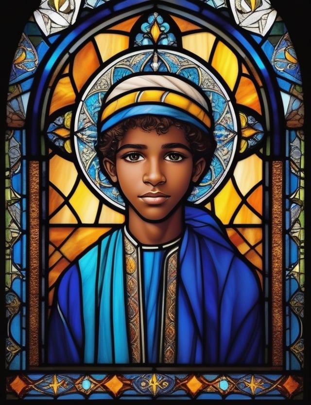 Create a captivating stained glass artwork portraying a 15-year-old young man of Arab descent with dark skin and short, tightly curled hair, with a close-up of his face. Intricately capture details using the stained glass medium, drawing inspiration from medieval European stained glass, the stained glass of the Mosque of Córdoba, and Islamic architecture with influences of Moorish art. Craft a superior stained glass artwork that evokes the richness and intricacy of ancient stained glass windows while portraying the youth with authenticity and depth.

