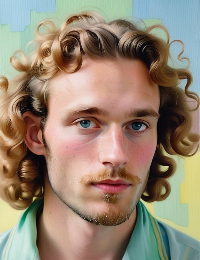  A close-up portrait of a 30-year-old Dutch man with fair skin and long curly hair, serious expression, front view, in gouache style, using pastel shades of light blue, mint green, pale yellow, and soft pink with smooth, watercolor-like textures. Artists: Mary Blair, John Singer Sargent, Henri Matisse.