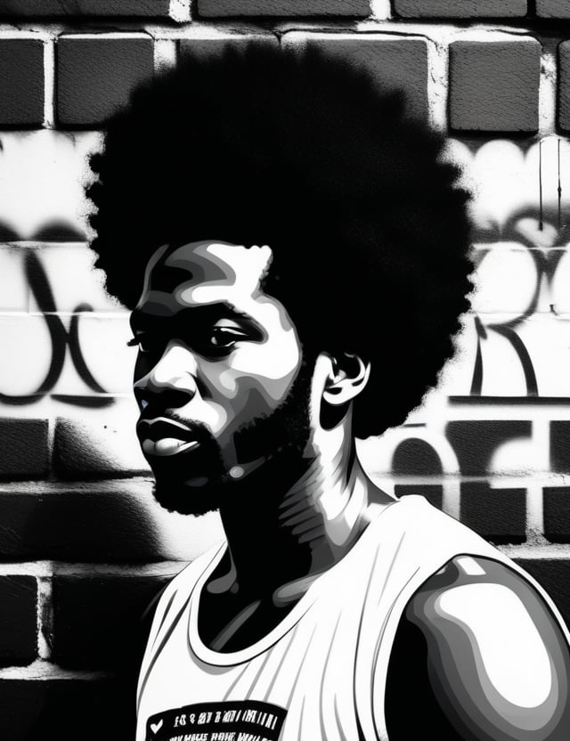 Create a black-and-white graffiti artwork on a brick wall, depicting a 30-year-old Nigerian man with dark skin and black afro hair. The focus should be a close-up of his face from a frontal view. Use the contrast between black and white to capture the details of his facial features and the texture of his hair. The piece should convey a sense of strength and depth, highlighting the expression and intensity of his presence through the bold lines and shadows of the graffiti.