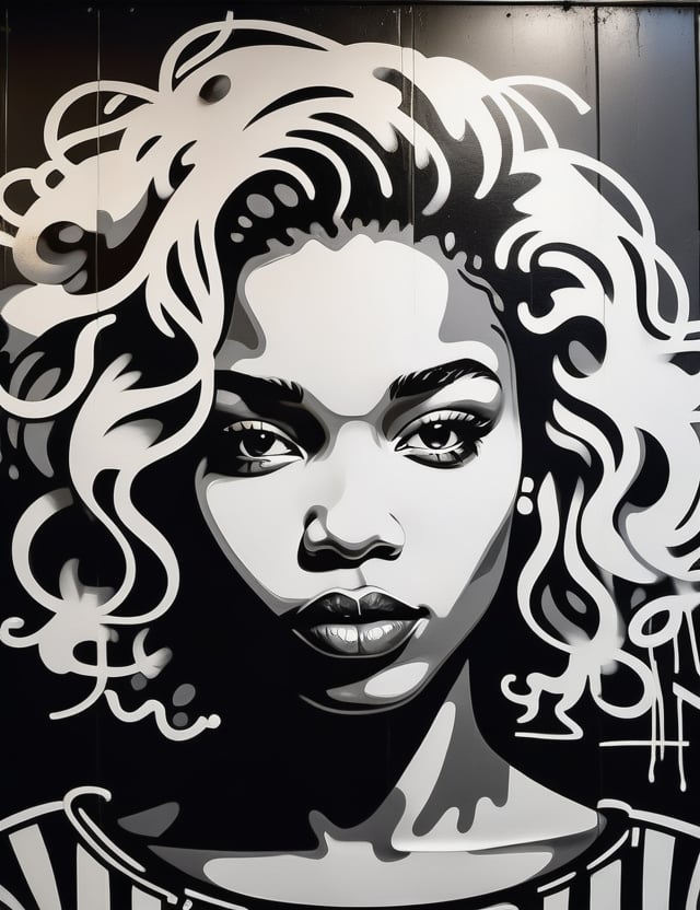 A black and white graffiti art style on a wall of a beautiful 15-year-old Russian girl with dark skin and short, curly blonde hair, thick lips, close-up of her face, front view. (((intricate details))), (((best quality))), (((extreme detail quality))), (((complex composition))), in the style of Banksy, Jean-Michel Basquiat, Shepard Fairey.