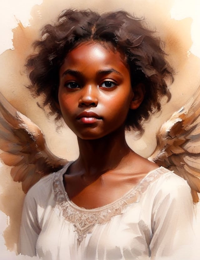 Paint a breathtaking watercolor portrait featuring a 15-year-old African girl. Capture the intricate details of her dark skin and short, kinky hair in a close-up of her face. Depict her wearing angel wings and a delicate white dress, exuding an angelic aura. Ensure superior quality and extreme attention to detail, drawing inspiration from watercolor experts like Alvaro Castagnet, Anna Armona, and the master of wing depiction, James Christensen.

