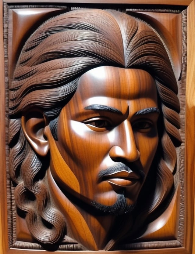 Create a captivating wood artwork on a panel portraying a young 45-year-old man of Araguaian descent with tightly curled hair, with a close-up of his face. Intricately craft details using the wood medium, drawing inspiration from wood sculptures by Araguaian indigenous artists, wood carvings inspired by Araguaian culture, and contemporary art utilizing wood as a medium. Craft a superior wood artwork that not only captures the essence of the man's youth and heritage but also showcases the unique artistic traditions of the Araguaian people.

