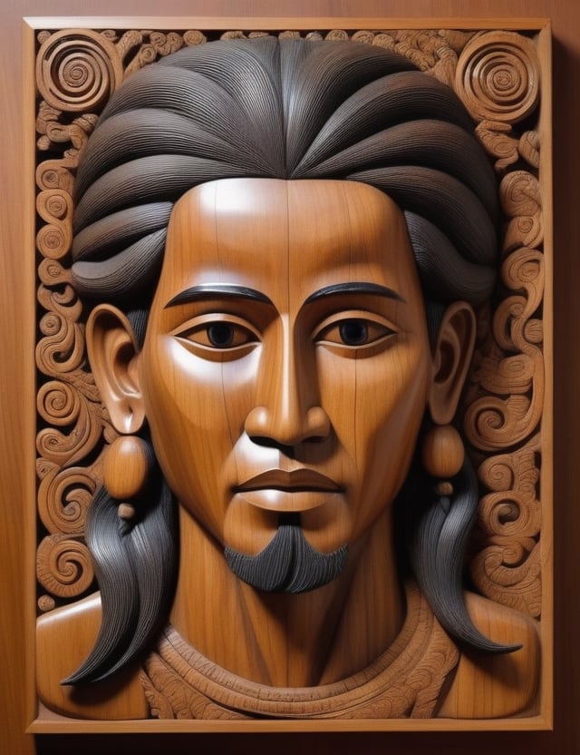 Create a captivating wood artwork on a panel portraying a young 45-year-old man of Araguaian descent with tightly curled hair, with a close-up of his face. Intricately craft details using the wood medium, drawing inspiration from wood sculptures by Araguaian indigenous artists, wood carvings inspired by Araguaian culture, and contemporary art utilizing wood as a medium. Craft a superior wood artwork that not only captures the essence of the man's youth and heritage but also showcases the unique artistic traditions of the Araguaian people.

