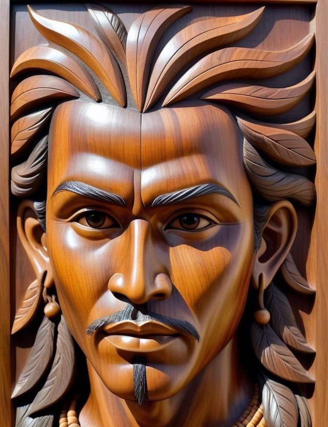 Create a captivating wood artwork on a panel portraying a young 45-year-old man of Araguaian descent with tightly curled hair, with a close-up of his face. Intricately craft details using the wood medium, drawing inspiration from wood sculptures by Araguaian indigenous artists, wood carvings inspired by Araguaian culture, and contemporary art utilizing wood as a medium. Craft a superior wood artwork that not only captures the essence of the man's youth and heritage but also showcases the unique artistic traditions of the Araguaian people.

