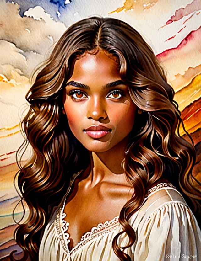 Create a timeless watercolor portrait reminiscent of classical techniques, featuring a 20-year-old Brazilian woman. Capture the intricate details of her caramel skin, light brown eyes, and voluminous, wavy hair in a close-up of her face. Emulate a superior quality akin to the works of Agnes Goodsir, John Singer Sargent, and the classical watercolor technique of William Turner.

