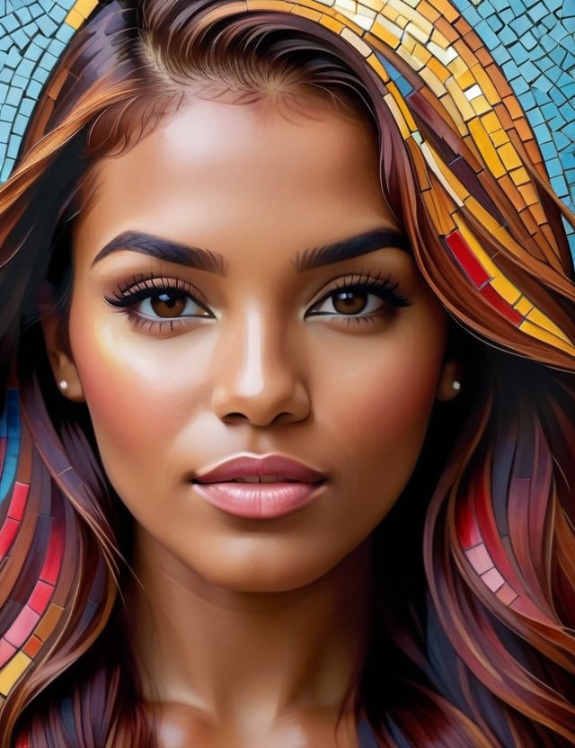 Create a vibrant mosaic artwork on a street, depicting a beautiful 25-year-old Honduran woman with tan skin and straight red hair. The focus should be a close-up of her face from a frontal view. Use a variety of colorful tiles to intricately capture her facial features and the texture of her hair. The artwork should convey a sense of warmth and elegance, highlighting the beauty and serenity of her expression through the careful arrangement of the mosaic pieces.






