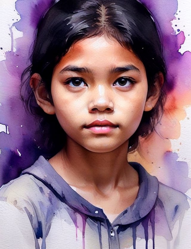 Create a captivating watercolor artwork portraying a 14-year-old girl from the Amazon region with caramel skin, short straight black hair, with a close-up of her face. Intricately capture details using the watercolor medium, drawing inspiration from the watercolor works of Agnes Cecile, the watercolor paintings of Anna Armona, and the watercolor technique of Tilen Ti. Craft a superior watercolor artwork that seamlessly blends these influences into an outstanding portrayal.

