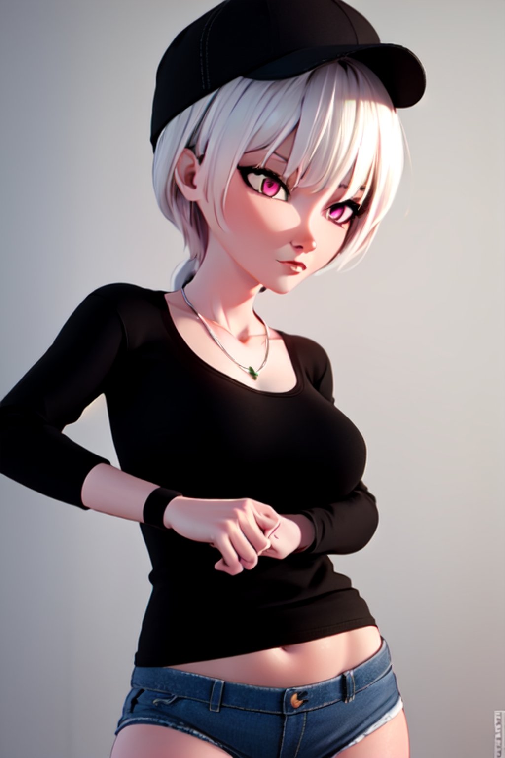 MeinaHentai V5aa1, white hair, long hair, black baseball cap, pink eyes, necklace, black short t-shirt with long sleeves, denim shorts, medium breasts, red wristband,auntcass