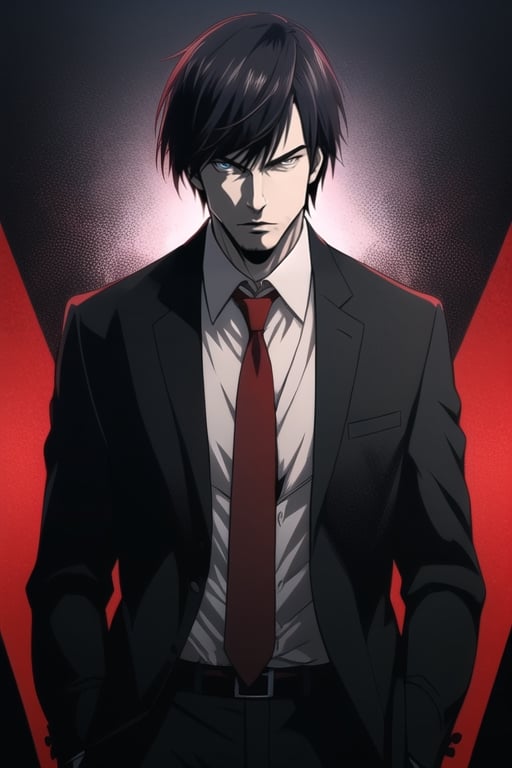 Digital art, detailed character, artwork, solo, 1man, adult man, shadowy figure, dark hair, yelling, , red iris, black suit, red tie, staring, angry, hands in pockets, red and black background, dynamic pose, FHD, 8k,adultNishikta,hiro_shishigami