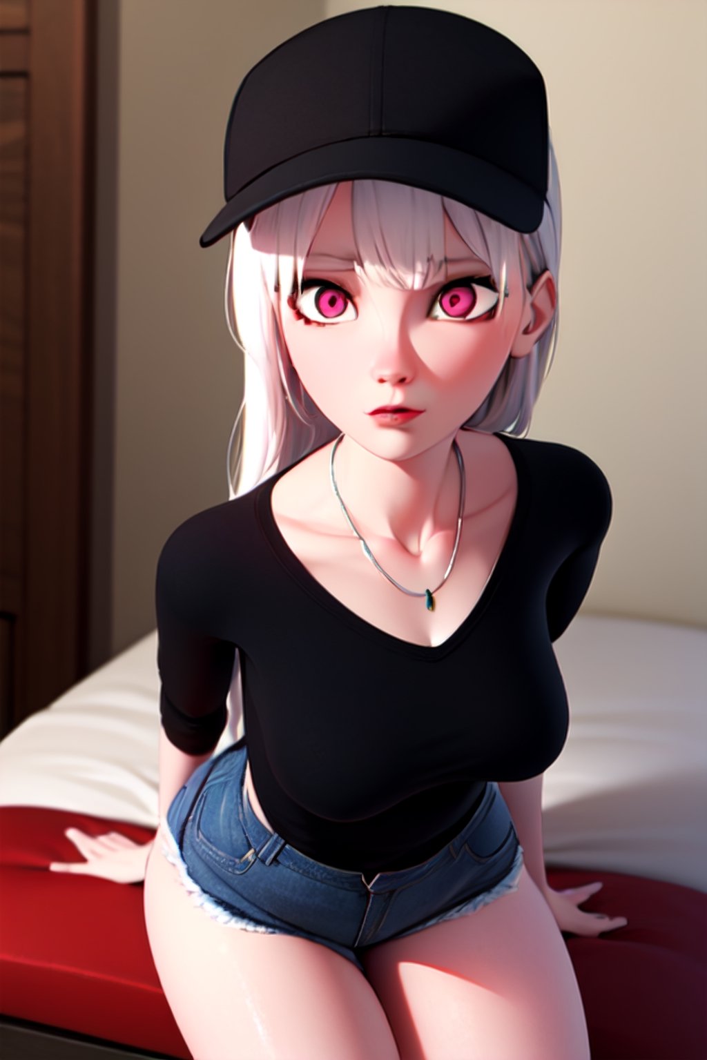 MeinaHentai V5aa1, white hair, long hair, black baseball cap, pink eyes, necklace, black short t-shirt with long sleeves, denim shorts, medium breasts, red wristband,auntcass