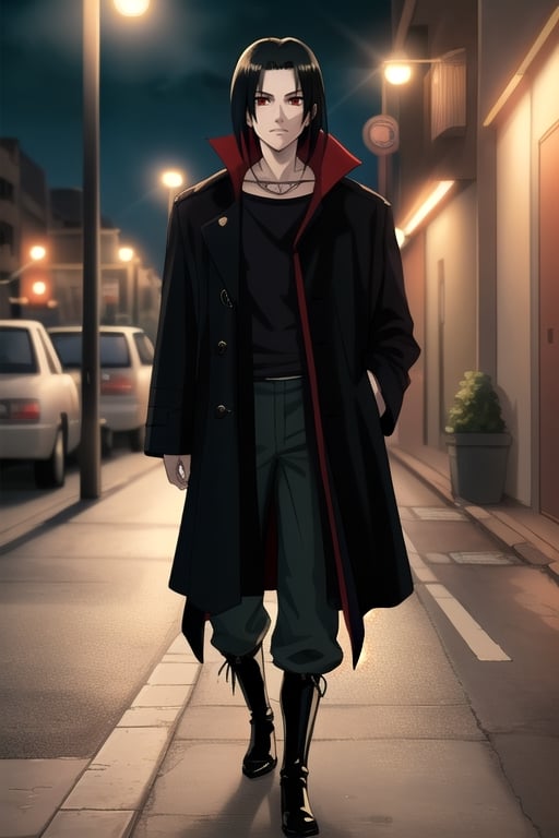 (Perfect face), (MASTERPIECE), youthful man, itachi, detective clothes, cargo pants, scraches on face, night city, street lights, smoking, tactical boots, black trench