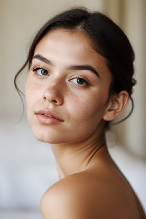 a beautifull girl, dark hair, slight freckles, normal makeup, hyperdetailed photography,slight sharpness in image, soft light , head and shoulder portrait, cover