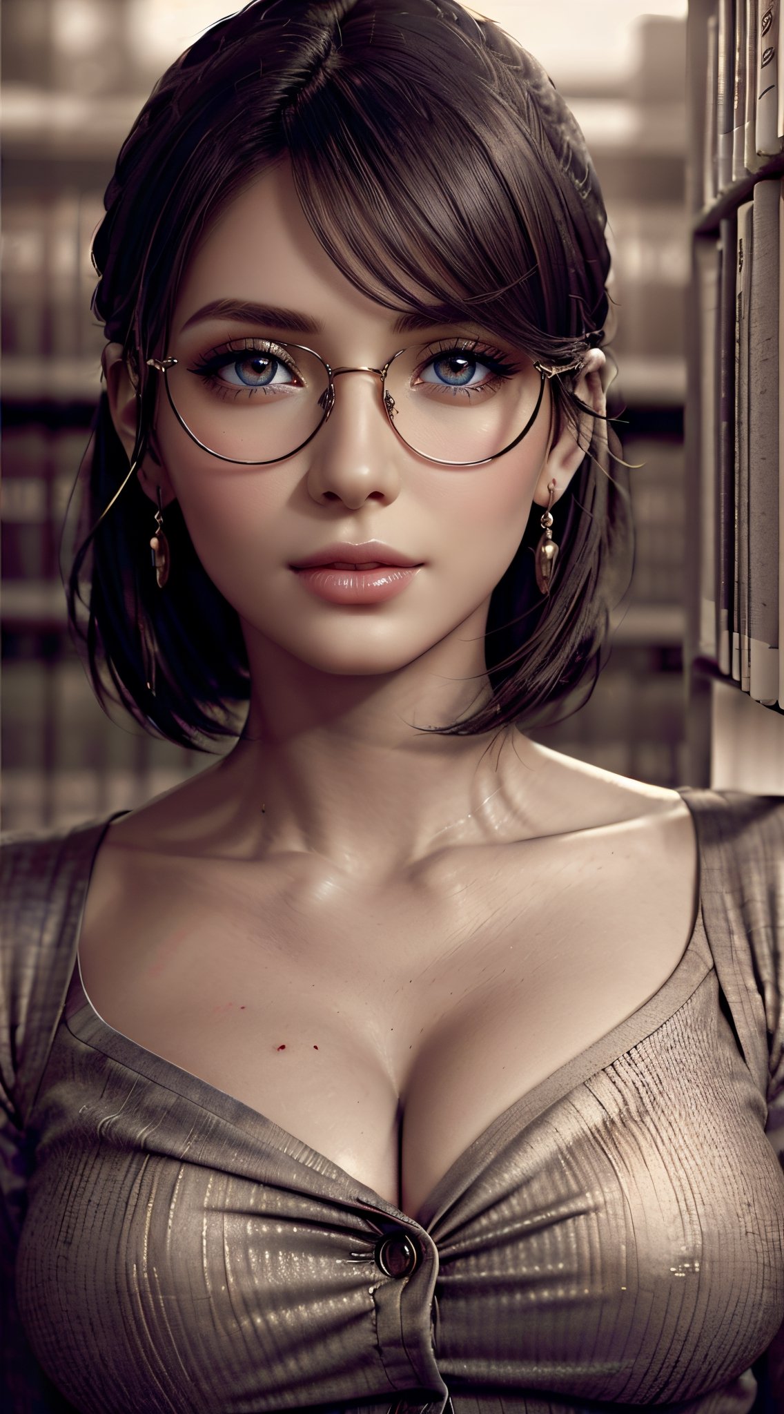 ((((gorgeous latina woman, library, between bookshelves, gorgeous librarian outfit, portrait, close-up, soft lighting, depth of field, warm color palette)), Miles Aldridge style, professional photograph, high resolution, 8k, trending on ArtStation, spectacles, high detail, fabric texture)),LuluFFX