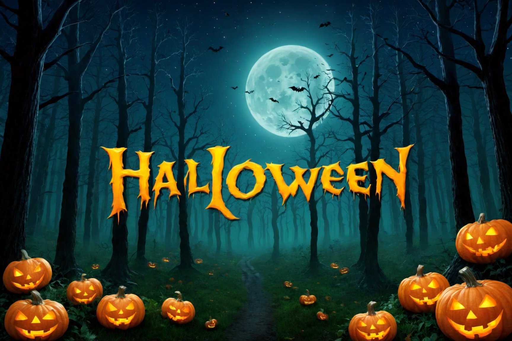 "HALLOWEEN" in WORD written on the front, forest at night background, -tilde -art