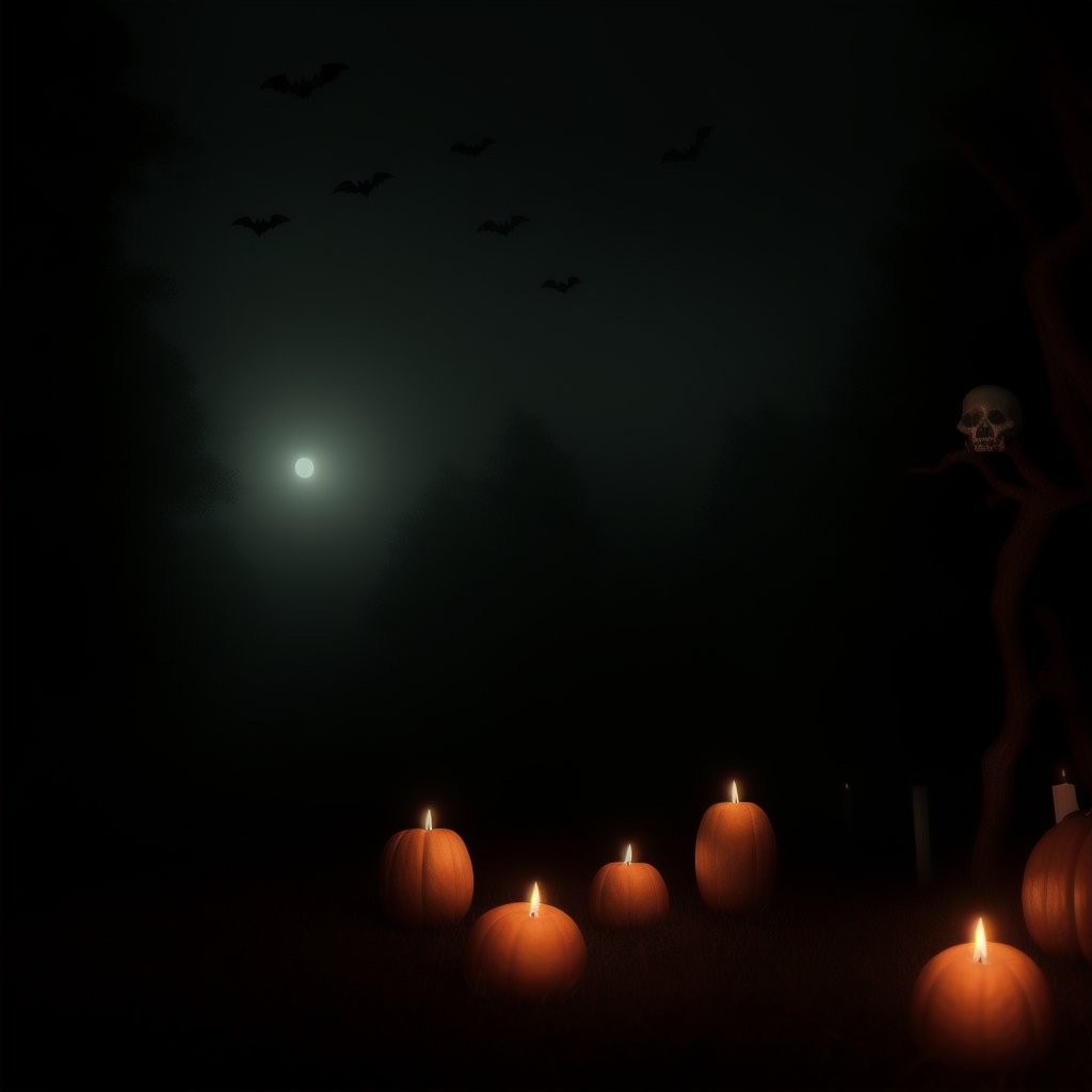 realistic, halloween scene, scene forest ,scene with little fog, orange pumpkins,scene flying vampires, open graves,scene two skulls, many candles, scene at night,